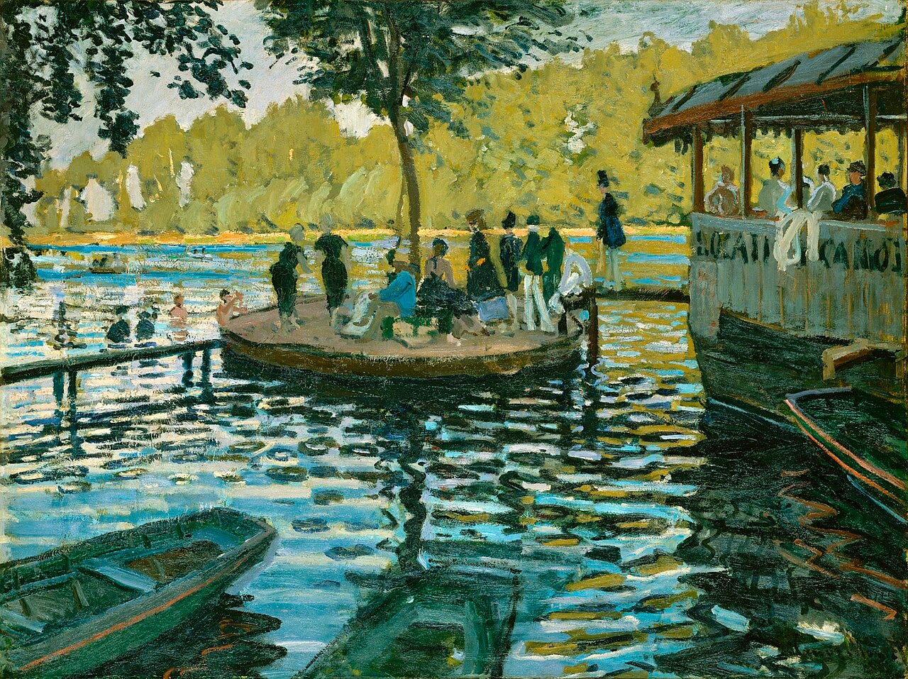 Boaters and bathers at a floating cafe on a river Boaters and bathers at a floating cafe on a river