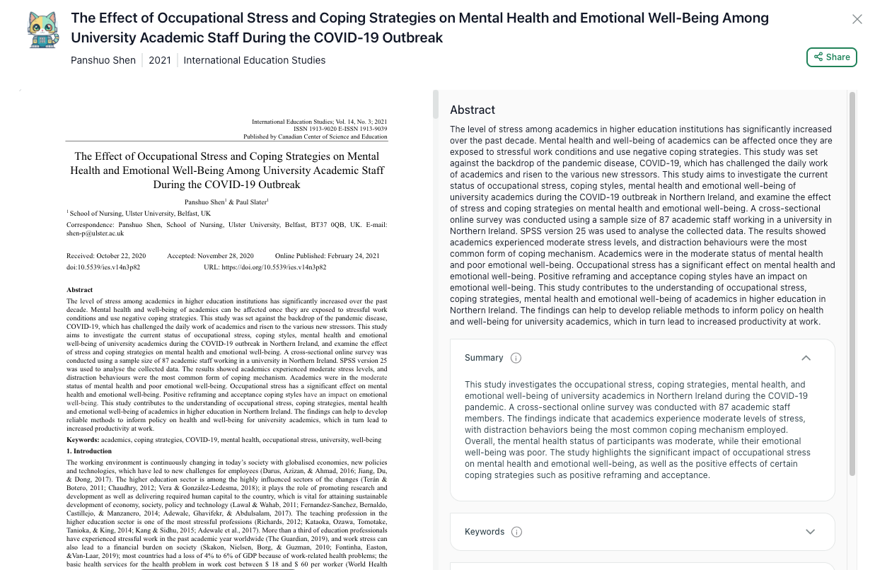 A split-screen view showing the original PDF on the left and the generated summary on the right for a paper on occupational stress.