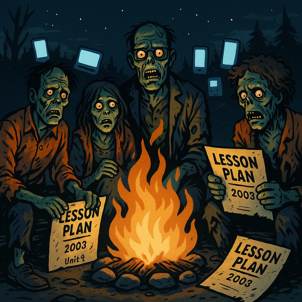 Cartoon illustration of zombie teachers huddled around a campfire clutching outdated lesson plans from 2003, symbolizing resistance to change in education amidst modern AI tools and student tech use, highlighting the need to modernize teaching in the age of artificial intelligence. Cartoon illustration of zombie teachers huddled around a campfire clutching outdated lesson plans from 2003, symbolizing resistance to change in education amidst modern AI tools and student tech use, highlighting the need to modernize teaching in the age of artificial intelligence.