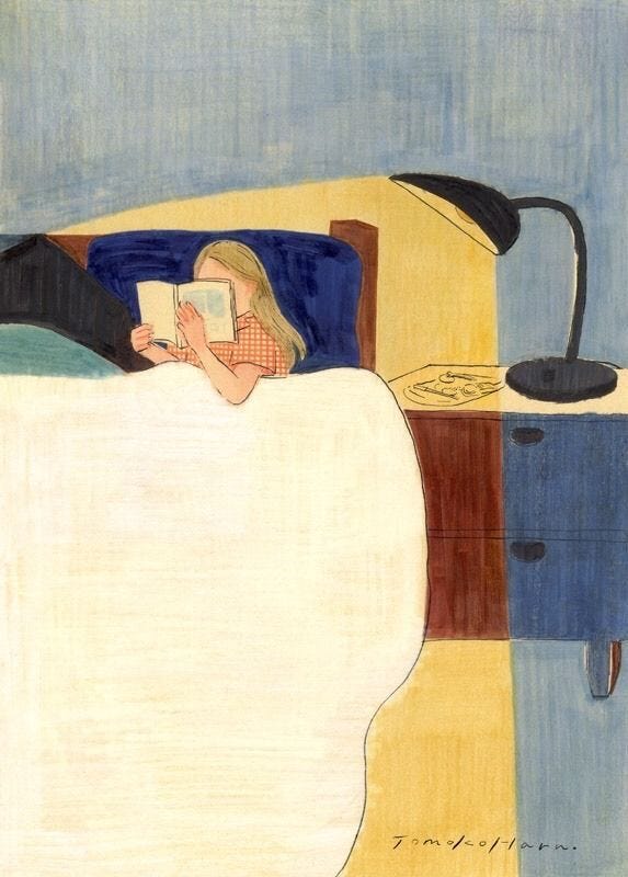 This may contain: a painting of a woman laying in bed reading a book with a lamp on the side This may contain: a painting of a woman laying in bed reading a book with a lamp on the side