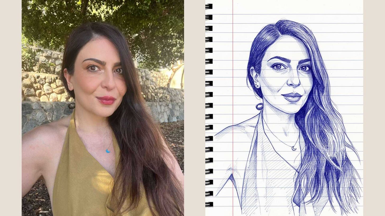 Side-by-side image featuring Avi Hakhamanesh, AI advisor and brand strategist. On the left is a photo of Avi outdoors in front of a stone wall and trees; on the right is a stylized blue line drawing of the same photo, created using Google's Gemini Nano Banana image generation model.