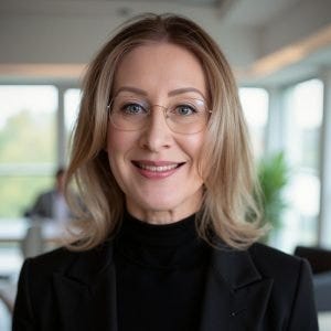 Professional headshot of Erika Kuester, CEO of Treehouse Foundation. She has shoulder-length blonde hair with highlights, wears round glasses and a black turtleneck, and is smiling warmly at the camera against a softly blurred background.