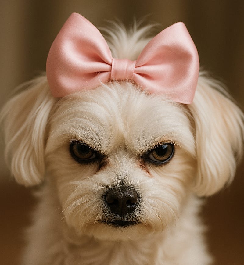 A close-up of a small white Maltese dog wearing a shiny pink satin bow. The dog’s fur is soft and well-groomed, but its eyes are dark, intense, and slightly narrowed, giving it an unsettling, almost menacing expression.