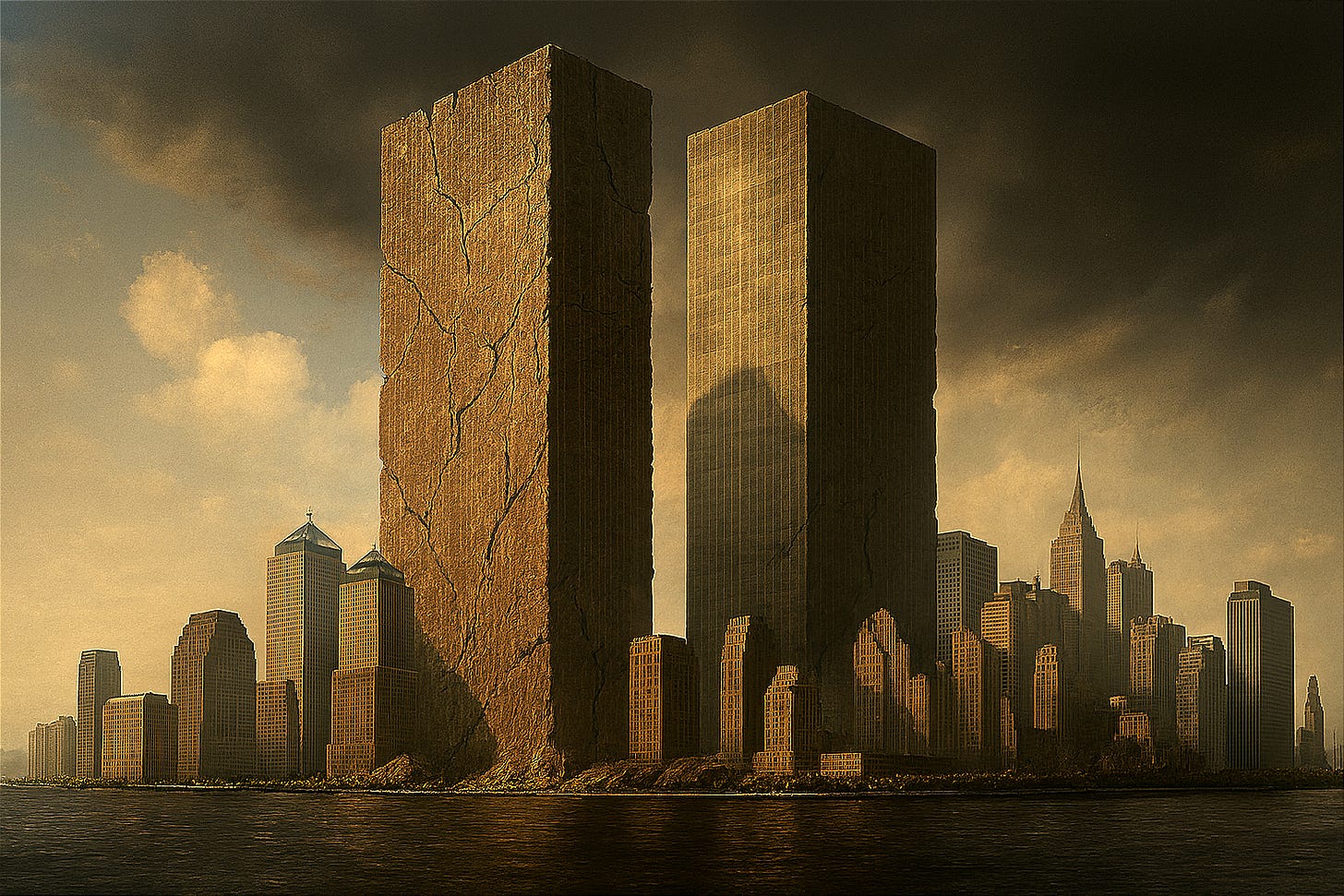 Create a symbolic image of the New York City skyline at dusk. Zoom in on the tectonic monoliths replacing the Twin Towers. Show ghostly window grids shimmering across the stone surfaces, flickering like memories. Add a subtle hum or low rumble atmosphere. Style: mythic, surreal, symbolic.