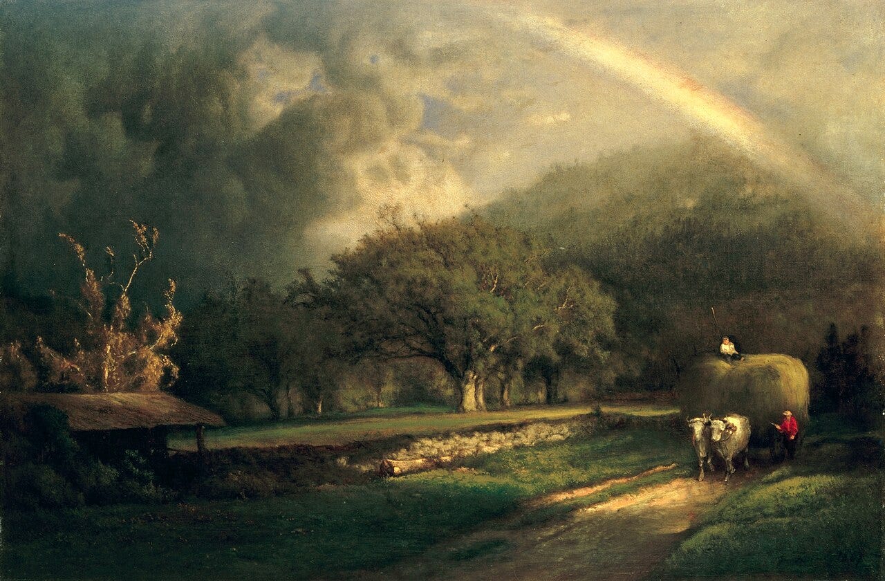 A soft golden American landscape with a hazy rainbow over trees and a distant figure A soft golden American landscape with a hazy rainbow over trees and a distant figure