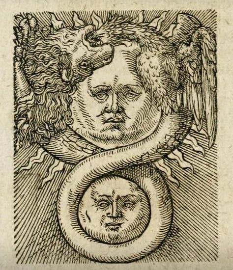 Illustrations depicting ouroboros, night and day and time.