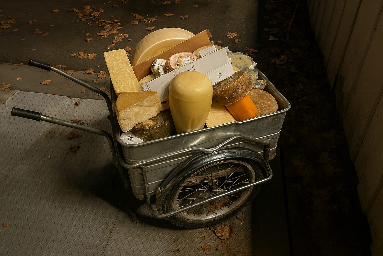 Ein zweirädriger Handkarren steht in der Nacht und ist bis oben mit unterschiedlichsten Käselaiben und Käsestücken gefüllt. In der Mulde dahinter liegen grosse und kleine Laibe, teils rund, teils kantig, einige mit Rinde, andere glatt oder vakuumverpackt.