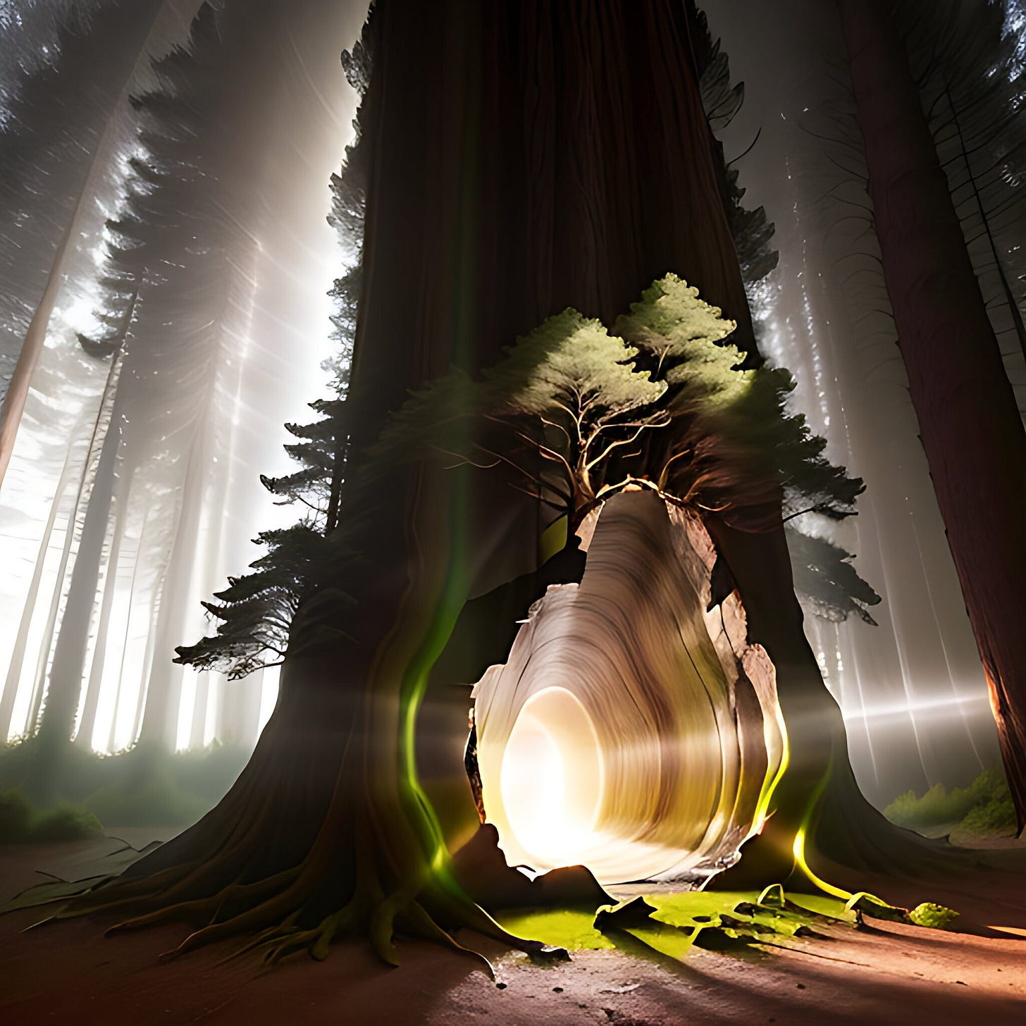 An opening in an enormous tree in a forest