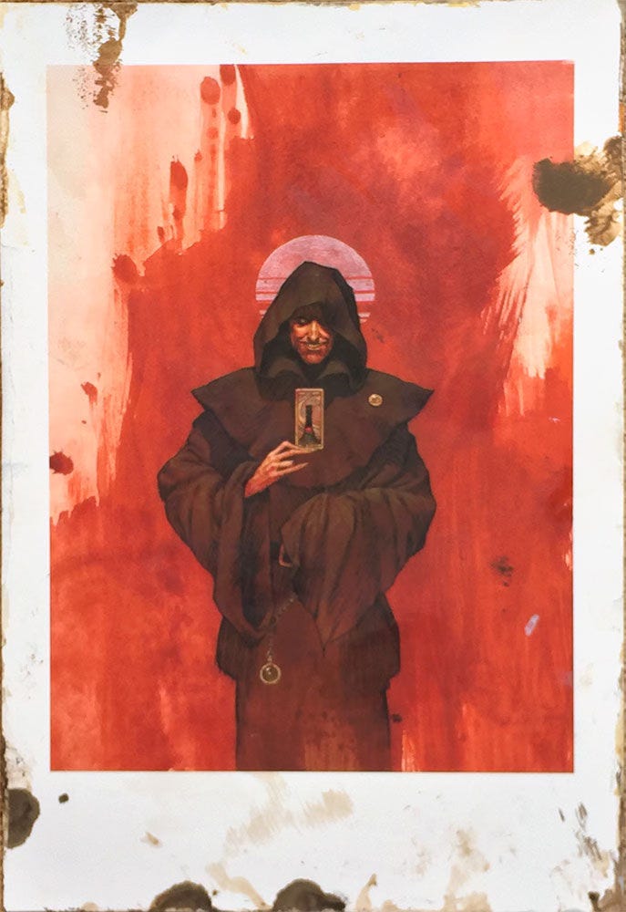 A misprint of THE TOWER CARD (back of TRIPOD WALKER) with splotches of brown in the margin.