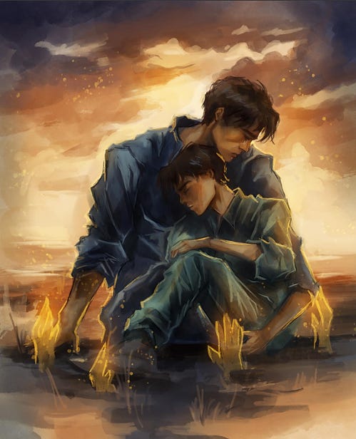 Two figures in blue clothing embrace against a sunset backdrop, glowing hands surrounding them. The mood is serene and protective. Two figures in blue clothing embrace against a sunset backdrop, glowing hands surrounding them. The mood is serene and protective.