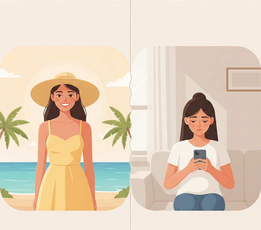 A split-screen illustration: on the left, a smiling woman poses on a bright, idyllic beach in a perfectly staged photo. On the right, the same woman sits alone on a couch, looking down at her phone with a tired expression. The dividing line between the two scenes is slightly warped. The image visually represents Synthetic Realness, Authenticity Drift, the Optimization Trap, and the widening gap between curated digital identities and lived experience in the era of Reality Drift.