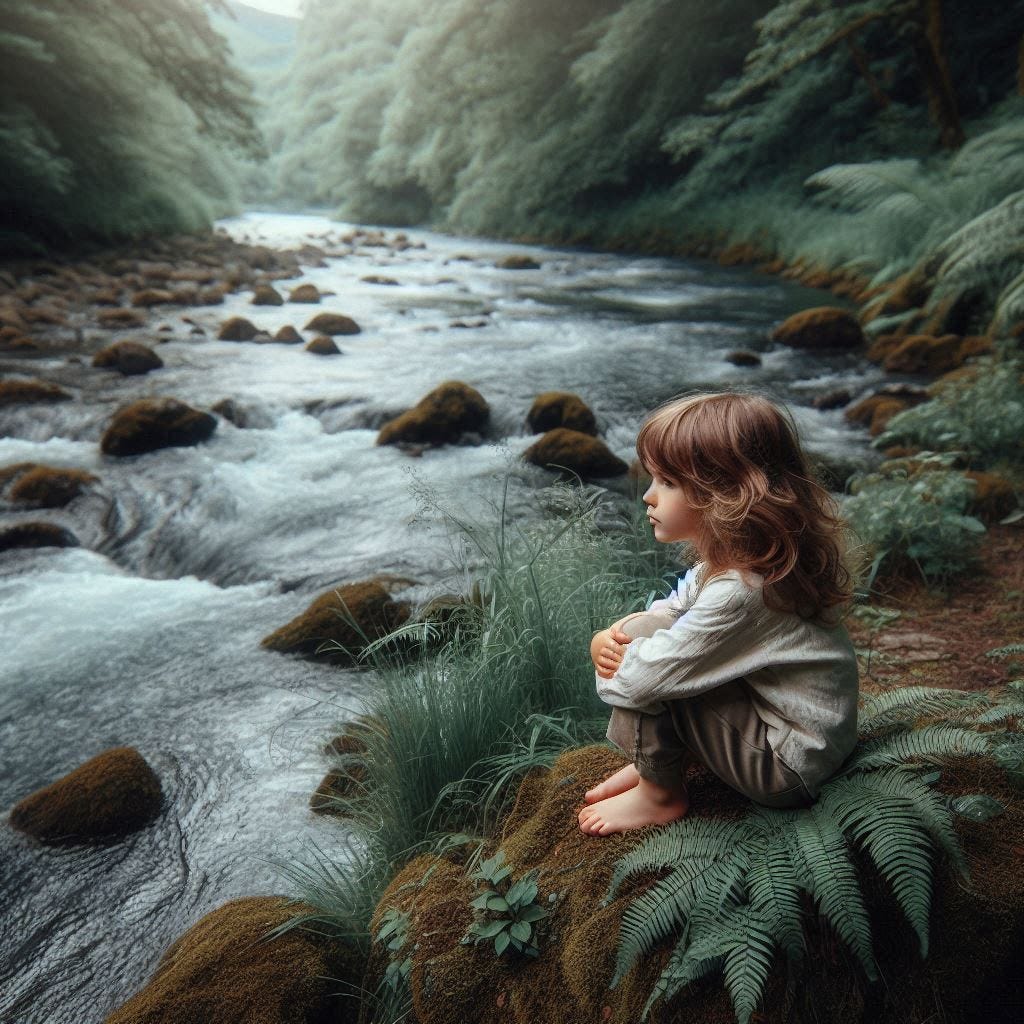 Thumbnail Image A child with long brown wavy hair sitting by a wild river. The scene should be natural and serene, with the river flowing gently and surrounded by lush greenery. The child should appear contemplative and at peace, reflecting a sense of connection with nature. The overall mood should be calm and nurturing, with soft, natural lighting to enhance the tranquil atmosphere.