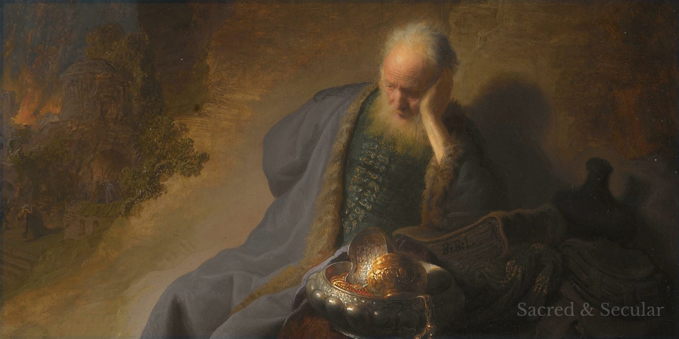 Rembrandt’s painting of the prophet Jeremiah sitting with his head resting on his hand while the city of Jerusalem burns in the distance. Rembrandt’s painting of the prophet Jeremiah sitting with his head resting on his hand while the city of Jerusalem burns in the distance.