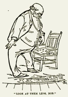 A rotund man stares at his legs, which are very bowlegged. The caption reads "Look at them Legs, Bob" A rotund man stares at his legs, which are very bowlegged. The caption reads "Look at them Legs, Bob"