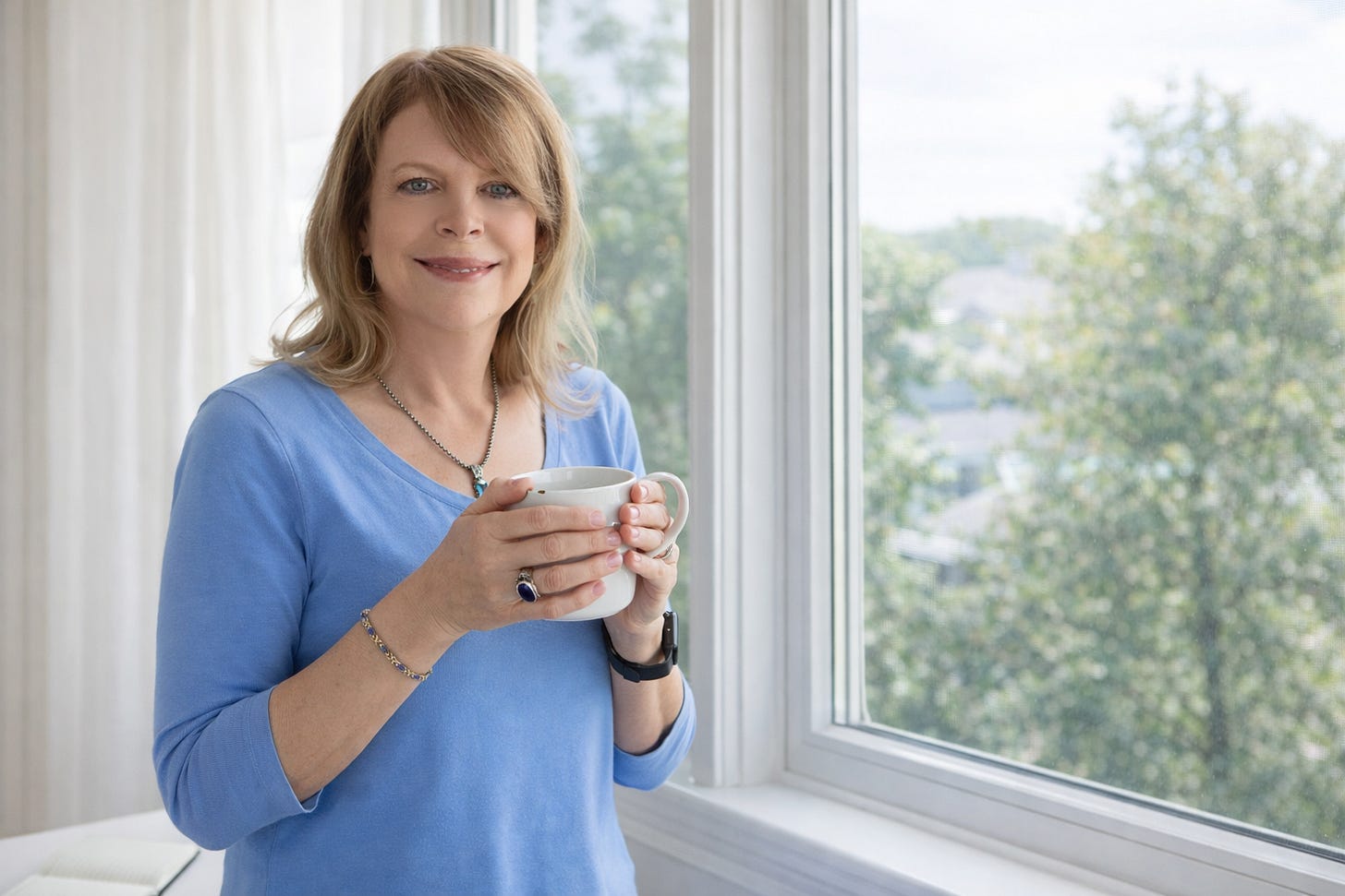 woman with coffee looking out window