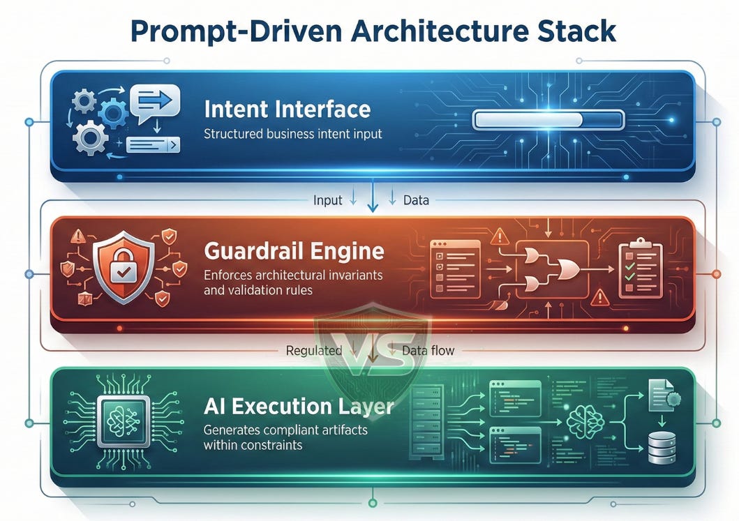 A three-layer diagram titled “Prompt-Driven Architecture Stack.” The top layer, labeled “Intent Interface,” represents structured business intent input. The middle layer, “Guardrail Engine,” enforces architectural invariants and validation rules. The bottom layer, “AI Execution Layer,” generates compliant artifacts within defined constraints. Arrows show controlled data flow from intent to guardrails to AI execution, emphasizing structured and regulated system behavior.