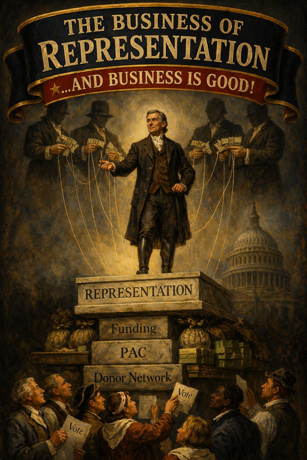 A vintage-style political illustration shows a statesman standing atop a pedestal labeled “Representation,” which rests on stacked blocks labeled “Funding,” “PAC,” and “Donor Network.” Shadowy figures behind him pull strings attached to money, while a crowd of citizens below holds “Vote” signs and looks upward, symbolizing how financial influence controls political power.