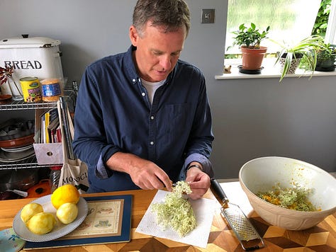 Elderflower heads being cleaned. Bottle of finished cordial and class of drink mixed with sparkling water and mint leaves