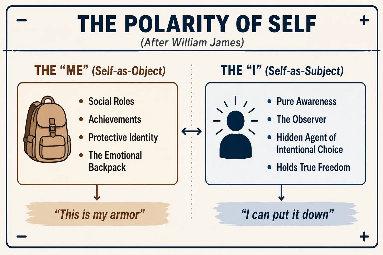 A psychological diagram illustrating the polarity of self based on William James, featured by Passion Struck podcast host John R. Miles in Clearwater, Florida. The visual contrasts the historical me as an object carrying an emotional backpack of social roles, achievements, and armor with the observing i as a subject representing pure awareness and the hidden agent of intentional choice needed to break out of a functional freeze. A psychological diagram illustrating the polarity of self based on William James, featured by Passion Struck podcast host John R. Miles in Clearwater, Florida. The visual contrasts the historical me as an object carrying an emotional backpack of social roles, achievements, and armor with the observing i as a subject representing pure awareness and the hidden agent of intentional choice needed to break out of a functional freeze.