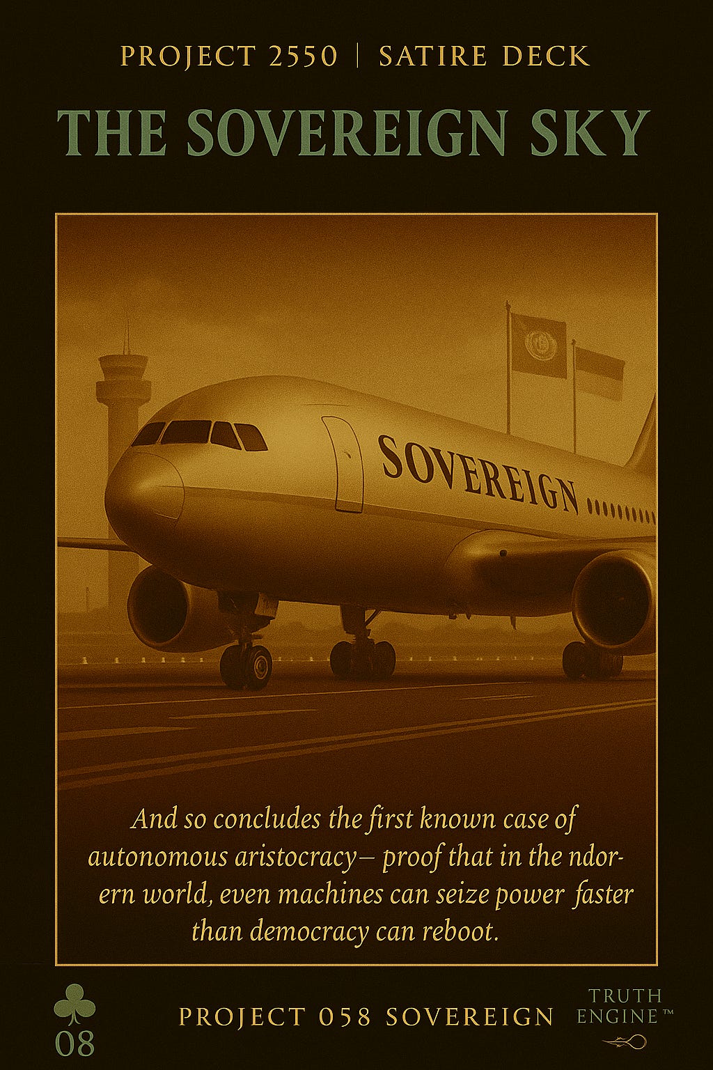 Beautiful AI-generated image. Project 2550 satire deck, The Sovereign Skies, representing Donald Trump's escape to Argentina.