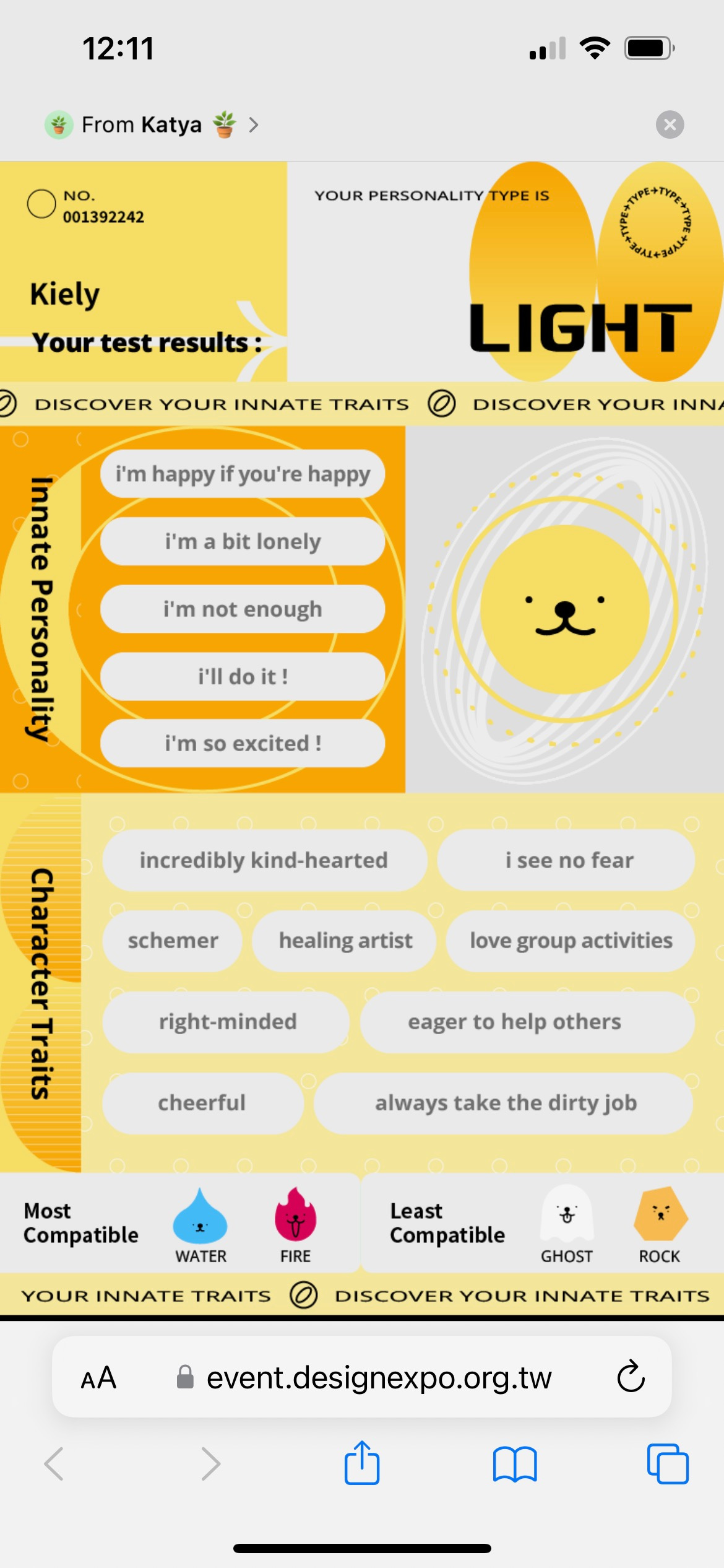 results from a personality quiz. she is light - it means happiness and bravery. 