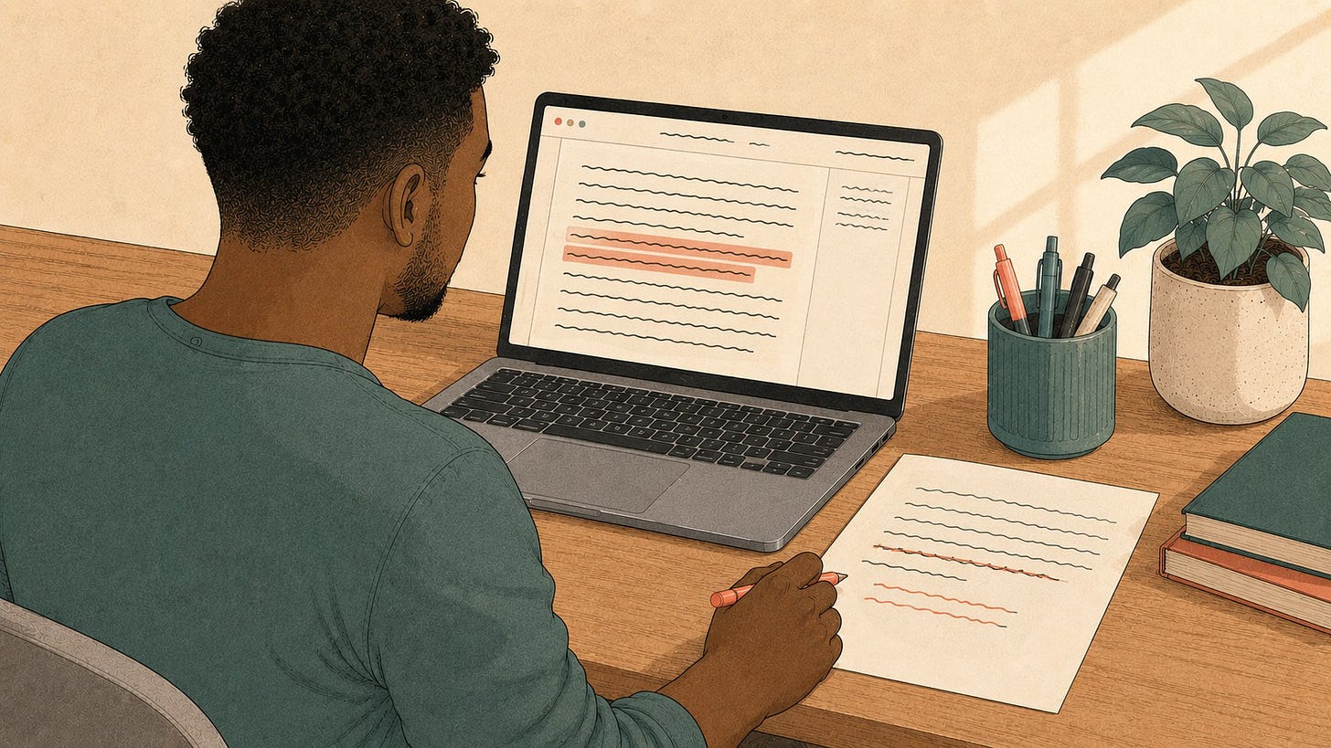 A creator at a laptop editing a draft. On screen, two sentences are highlighted; on a printed page beside the laptop, one long sentence has been crossed out and rewritten as two shorter ones.