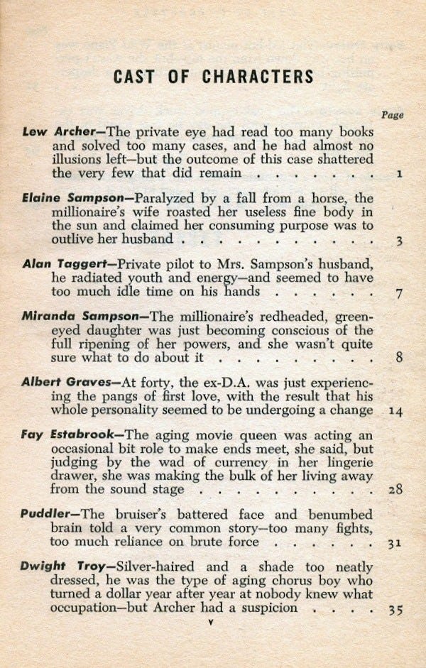 Book page titled "Cast of characters" showing the cast list from the book "The moving target" by Ross MacDonald