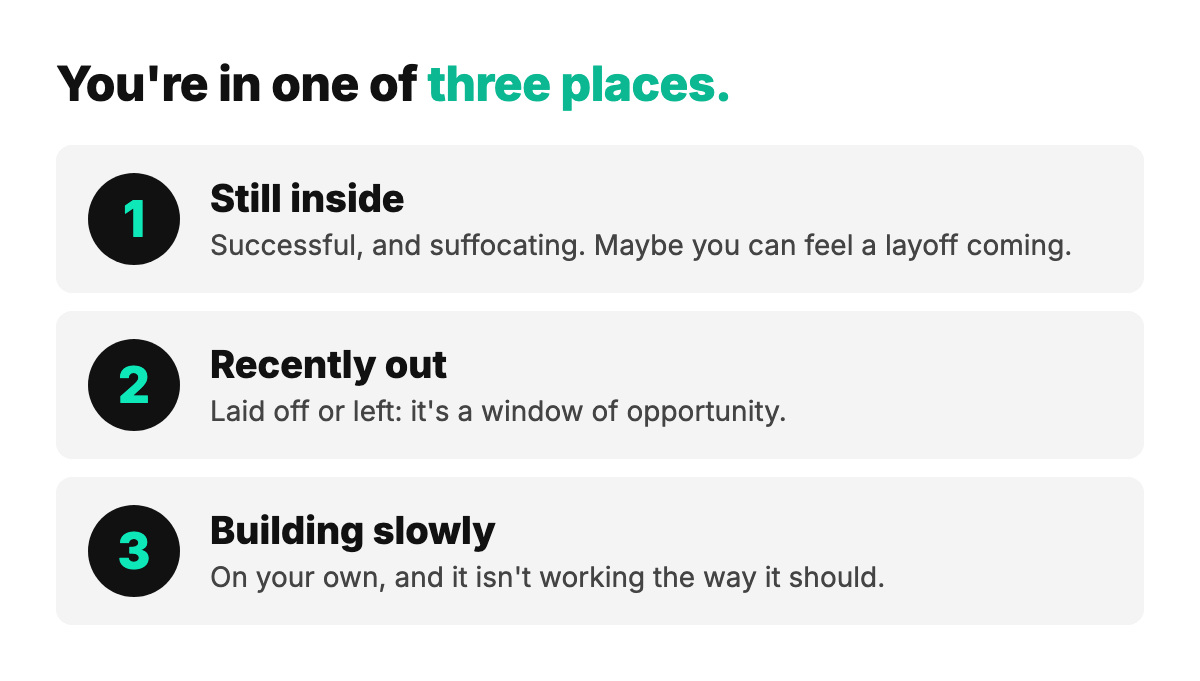 Three places: 1, still inside. 2, recently out. 3, building slowly.