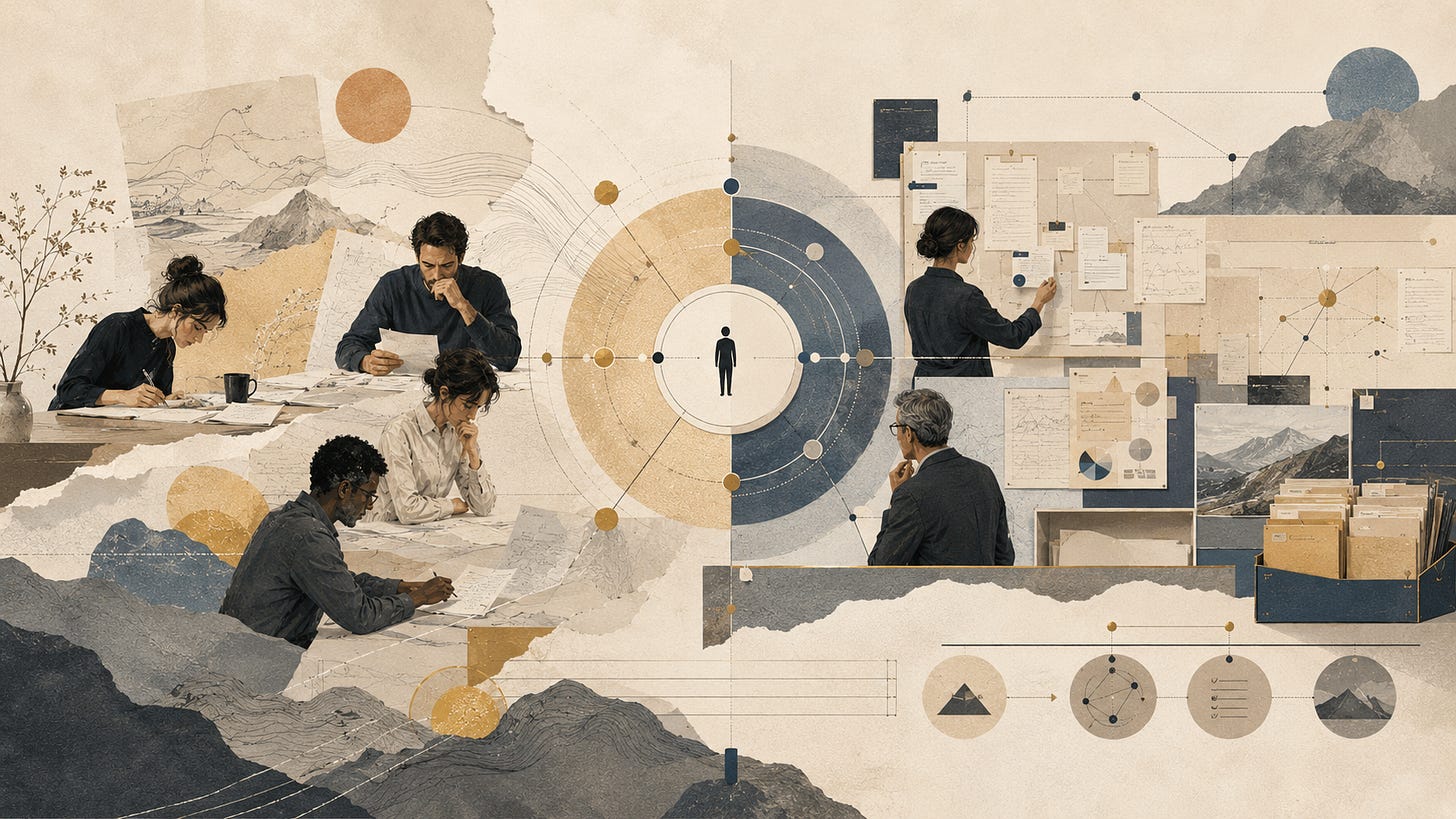 People arranging a story path through notes, target markers, and landscape elements