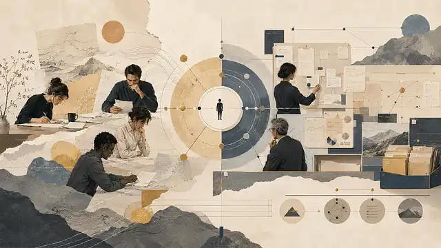 People arranging a story path through notes, target markers, and landscape elements