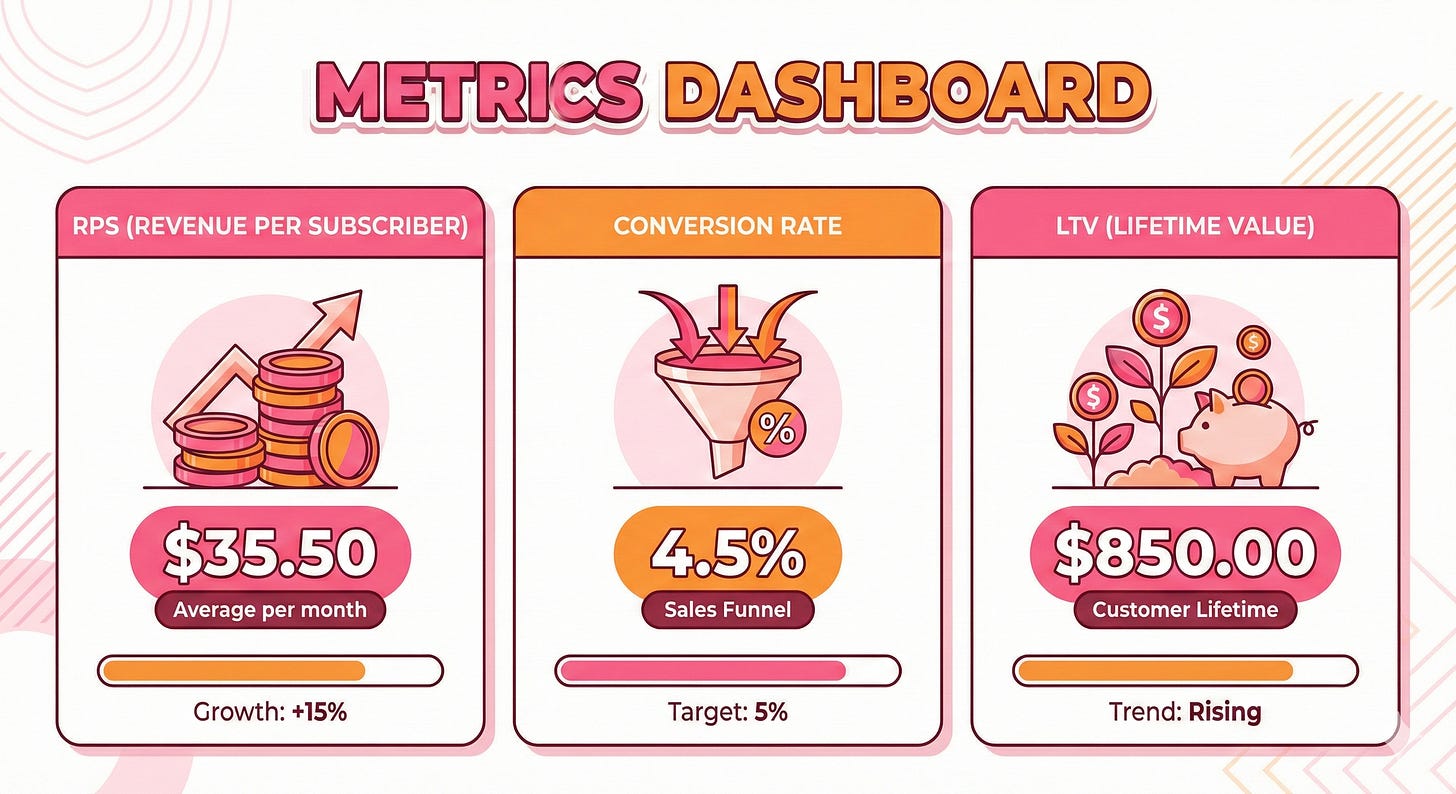 A digital infographic titled "METRICS DASHBOARD" is presented in a cartoon style with a pink and orange color scheme. It is divided into three vertical panels. The left panel, titled "RPS (REVENUE PER SUBSCRIBER)," features an illustration of stacked coins with an upward arrow, displaying "$35.50 Average per month" and a progress bar below showing "Growth: +15%." The middle panel, titled "CONVERSION RATE," shows a funnel with arrows and a percentage symbol, indicating "4.5% Sales Funnel" and a progress bar for "Target: 5%." The right panel, titled "LTV (LIFETIME VALUE)," illustrates a money tree and a piggy bank, showing "$850.00 Customer Lifetime" and a progress bar for "Trend: Rising."