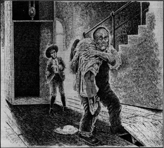 An artist's interpretation of the confrontation between Alonzo Mann, then 14, and Jim Conley, holding the limp form of Mary Phagan on the first floor of the National Pencil Co. This drawing appeared in the March 7, 1982, edition of The Tennessean. Drawing By Pat Mitchell / Tennessean Archives An artist's interpretation of the confrontation between Alonzo Mann, then 14, and Jim Conley, holding the limp form of Mary Phagan on the first floor of the National Pencil Co. This drawing appeared in the March 7, 1982, edition of The Tennessean. Drawing By Pat Mitchell / Tennessean Archives