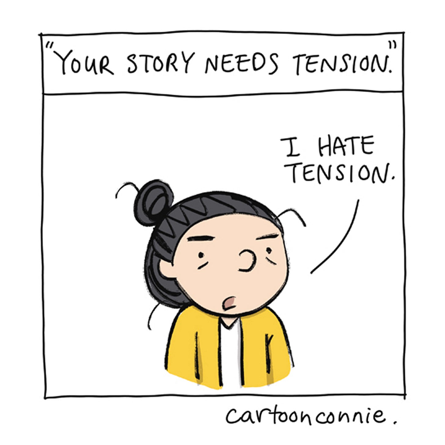 Panel 1/6 of a comic strip titled "The Life of a Writer," 2026, by Connie Sun, cartoonconnie, featuring a cartoon girl talking to an elephant in the artist's signature style.