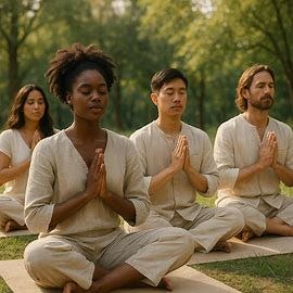 A group of people in linen at a wellness retreat