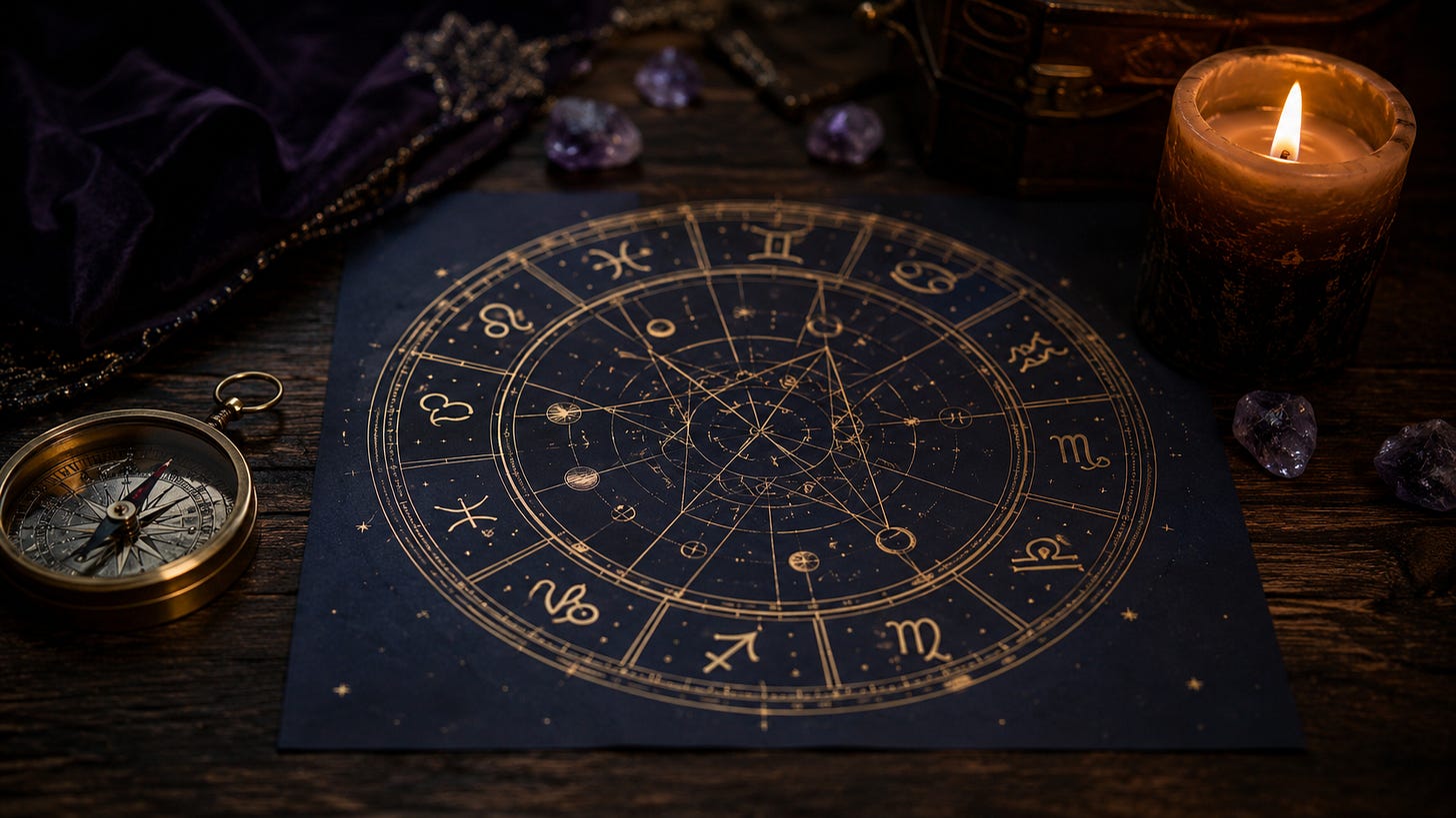 A birth chart wheel drawn in gold on dark paper, showing the twelve houses and the zodiac glyphs. A birth chart wheel drawn in gold on dark paper, showing the twelve houses and the zodiac glyphs.