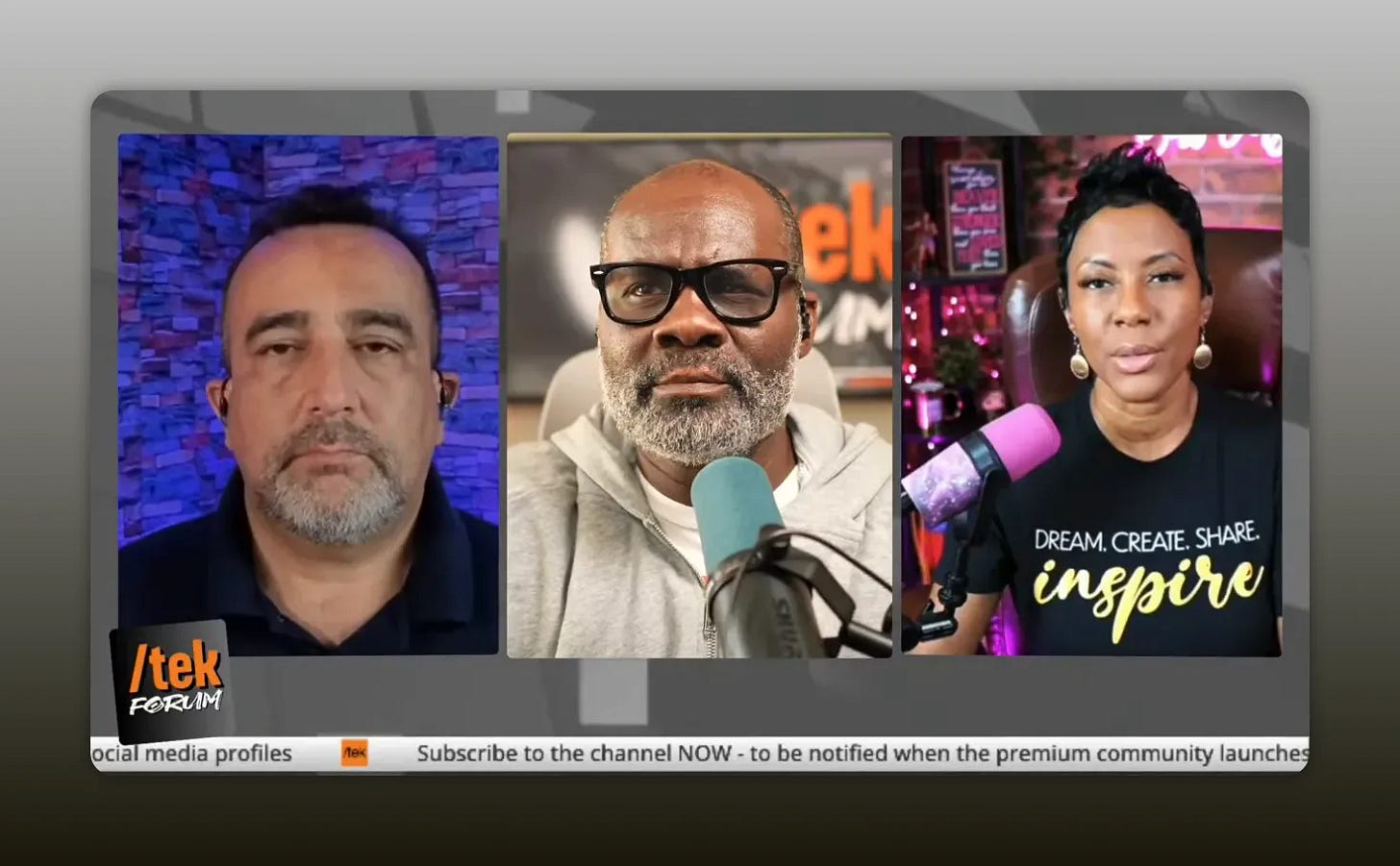 Sharp three-person panel screenshot showing blue and pink microphones and good lighting