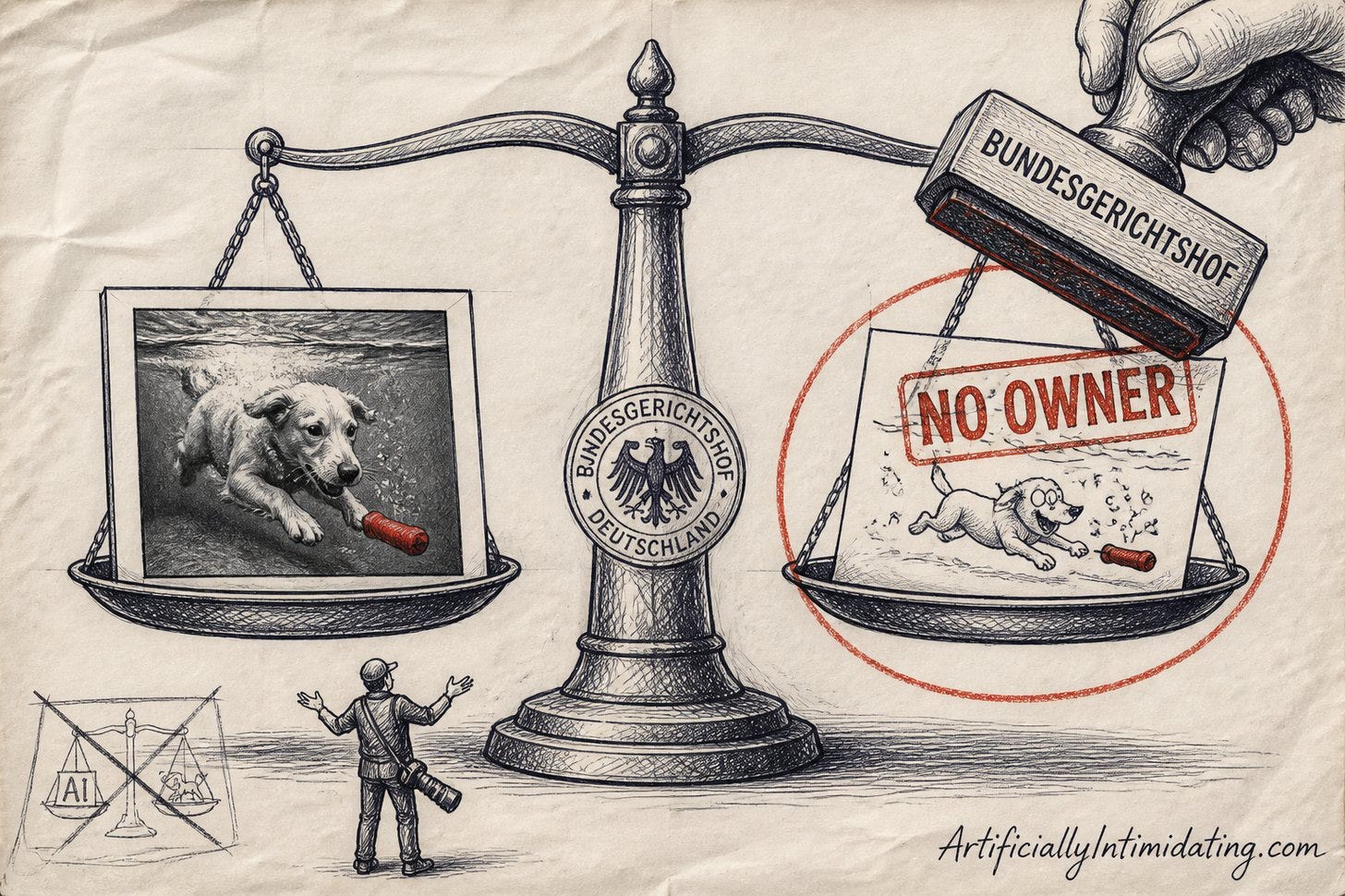 Pen-and-ink editorial cartoon: a large set of courtroom scales hangs perfectly level. On the left pan, a framed realistic photograph of a dog diving underwater after a red toy. On the right pan, a flat cartoon version of the same dog, stamped NO OWNER in red by a giant descending rubber stamp. A tiny photographer stands below with her arms out in disbelief.