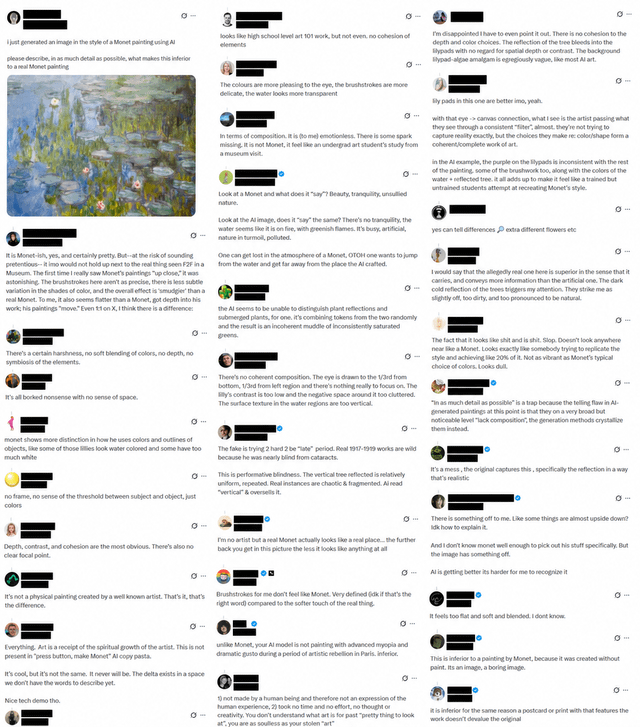 r/aiwars - Someone on X posted a real Monet and said it’s AI and asked to critique it. Some of the responses attached.