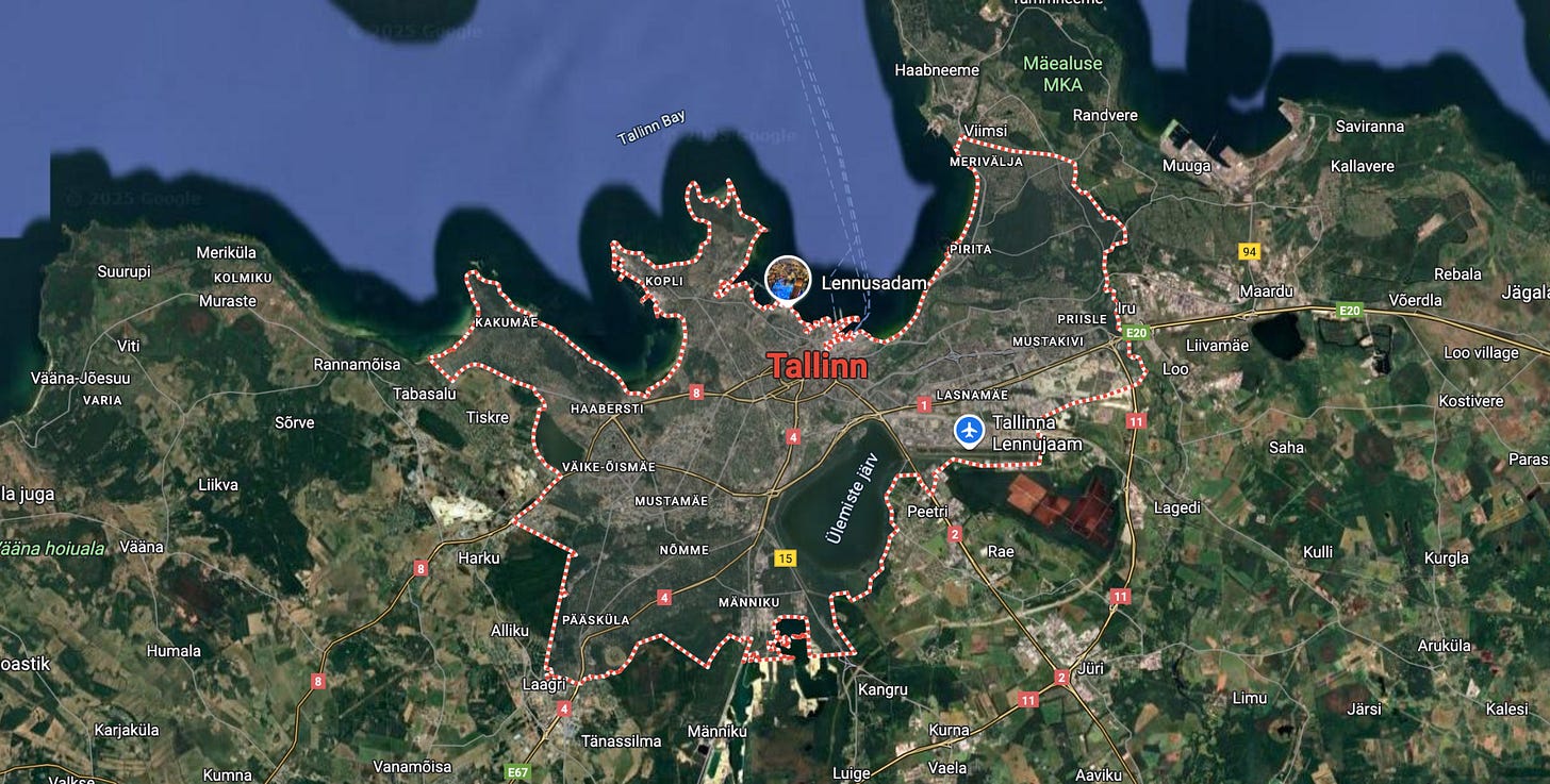 A map showing that Tallinn's boundaries cover most of the urbanized land in this area.