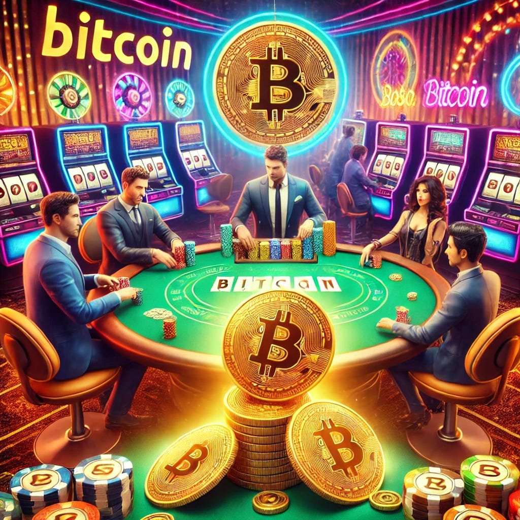 A vibrant casino scene featuring people gambling with Bitcoin instead of traditional casino chips. The poker table is filled with shiny Bitcoin stacks, and slot machines display Bitcoin symbols. The atmosphere is lively with neon lights reflecting cryptocurrency themes.