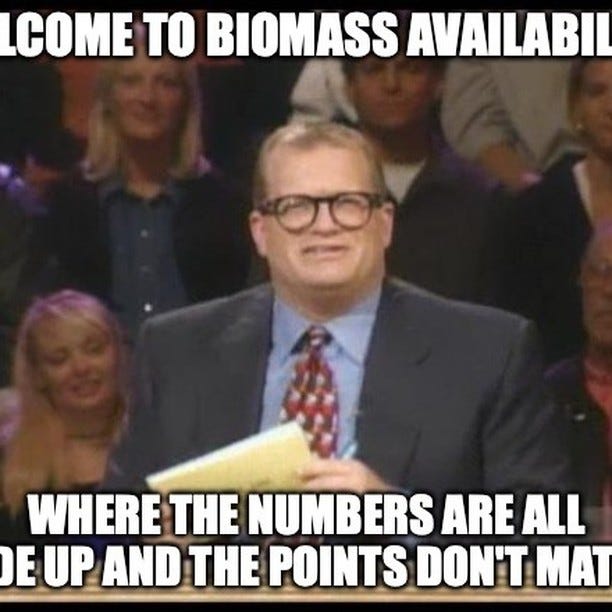 Drew Carey hosting Whose Line Is It Anyway, with the text "Welcome to biomass availability, where the numbers are all made up and the points don't matter".