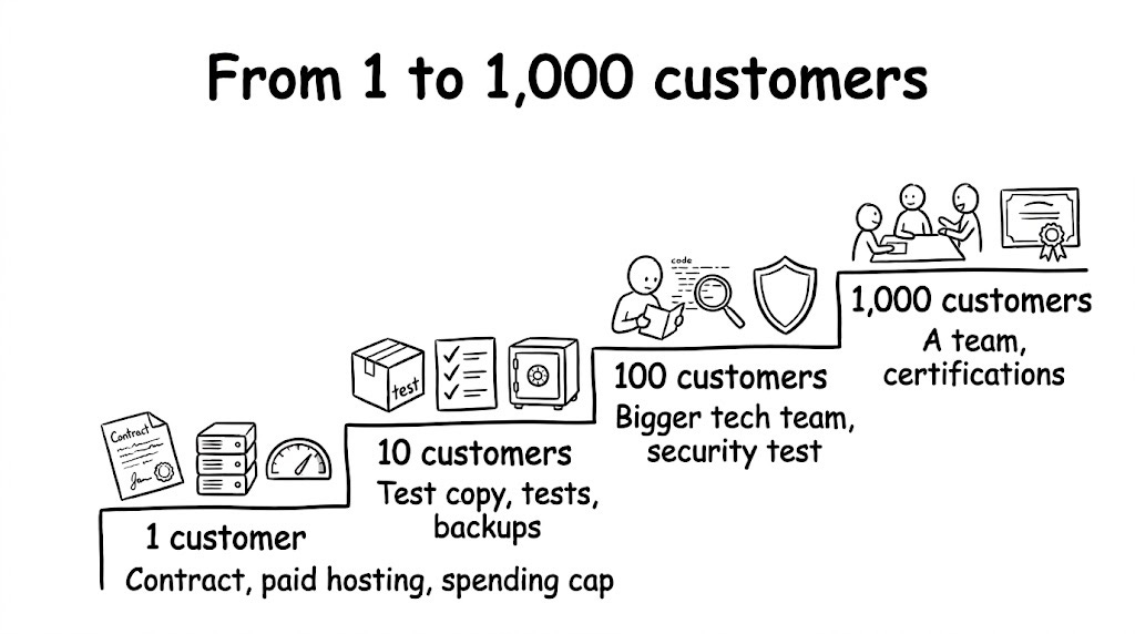 A staircase of four steps labelled 1, 10, 100 and 1,000 customers. Step 1 carries a contract, paid hosting and a spending cap. Step 10 carries a test copy of the product, automatic tests and backups. Step 100 carries a person reviewing code and a shield, for a bigger tech team and a security test. Step 1,000 carries a small team and security certificates. A staircase of four steps labelled 1, 10, 100 and 1,000 customers. Step 1 carries a contract, paid hosting and a spending cap. Step 10 carries a test copy of the product, automatic tests and backups. Step 100 carries a person reviewing code and a shield, for a bigger tech team and a security test. Step 1,000 carries a small team and security certificates.