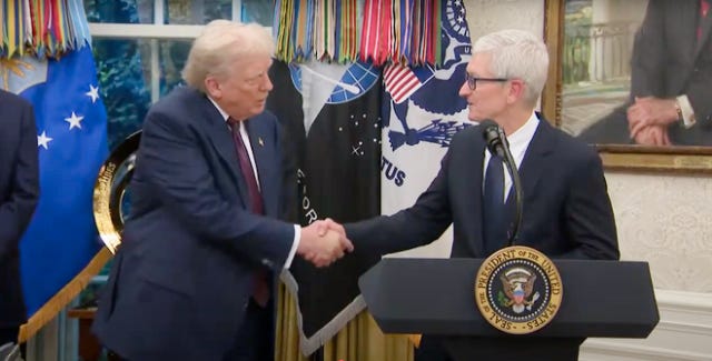 President Trump and Apple CEO Tim Cook unveiled details of the tech company's $600 billion investment in American manufacturing on Wednesday, August 6, 2025. President Trump and Apple CEO Tim Cook unveiled details of the tech company's $600 billion investment in American manufacturing on Wednesday, August 6, 2025.