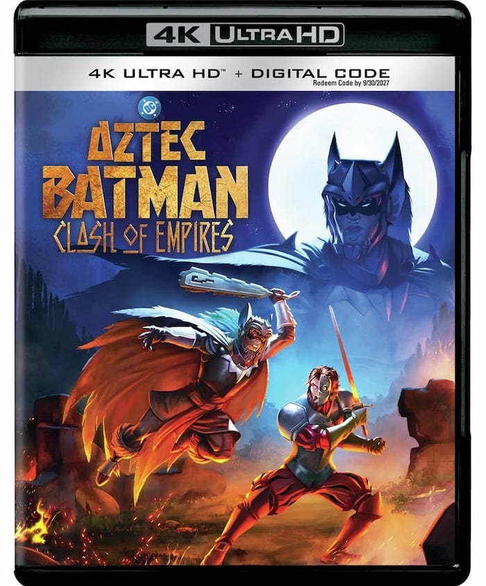 4K UHD Cover Art Alt text: Aztec Batman: Clash of Empires 4K Ultra HD cover art showing Batman in Aztec armor battling under a full moon, with fiery landscapes and Spanish conquistadors in the background.