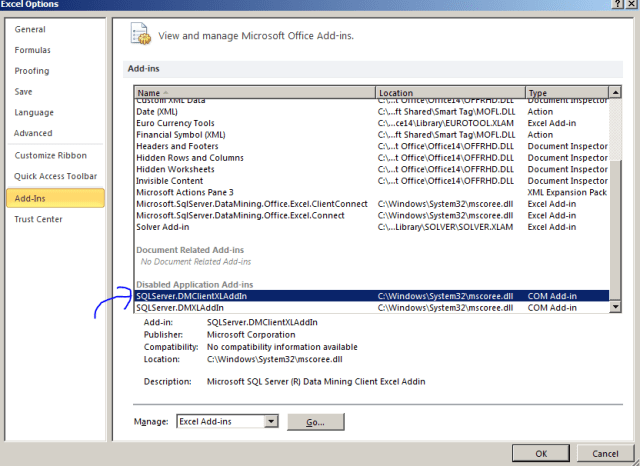 sql server 2012 data mining excel addin disabled excel options sql server 2012 data mining excel addin disabled excel options