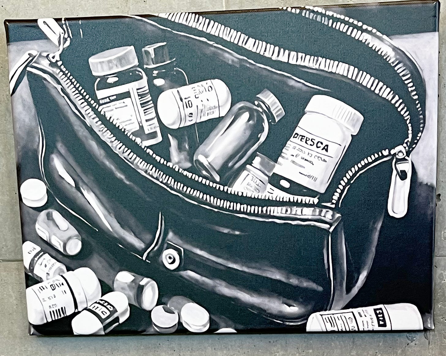 A black and white painting shows a bag overflowing with prescription bottles and medications.