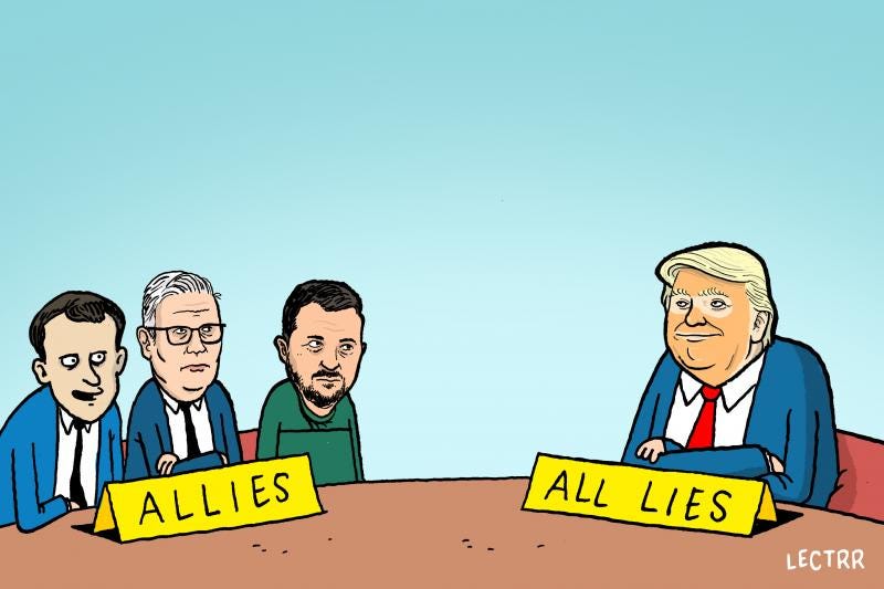 Cartoon showing a table. Macron, Starmer and Zelensky sit on one side, with a sign that reads 'Allies' in front of them; Trump sits on the other side, with a sign that reads 'All lies' in front of him. Cartoon showing a table. Macron, Starmer and Zelensky sit on one side, with a sign that reads 'Allies' in front of them; Trump sits on the other side, with a sign that reads 'All lies' in front of him.