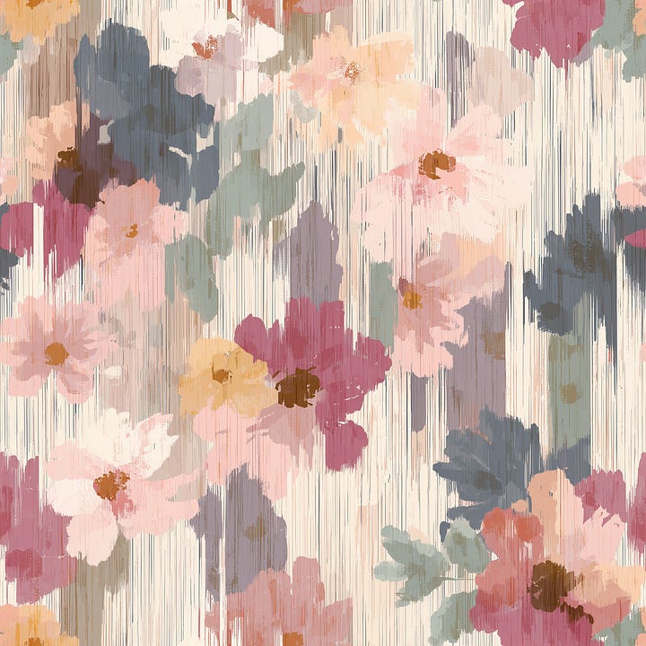Painterly floral artwork with blurred brushstroke textures and muted romantic tones paired with hand-embroidered crossed tennis rackets on natural fabric, reflecting the rise of imperfect craftsmanship, tactile storytelling, soft nostalgia, and emotionally driven design aesthetics influencing fashion, interiors, branding, and lifestyle trends.