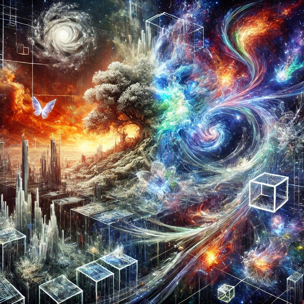 A surreal representation of the essence of imperfection in life: A vast cosmic canvas where fragments of reality are in constant motion, forming and reshaping. On one side, a world of rigid, crystalline perfection stands still, frozen in time. On the other, chaotic swirls of energy, unfinished structures, and evolving forms represent pure imperfection. In the center, a harmonious balance of both—a flourishing world where life, creativity, and growth emerge from the tension between order and disorder. The image has a dreamlike, ethereal quality with vibrant colors and cosmic elements.