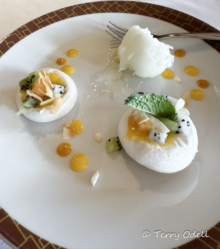 Pavlovas with fruit and lemon sorbet